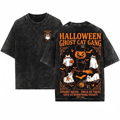 Black Cat Spooky Season Halloween Unisex Wash T-Shirt