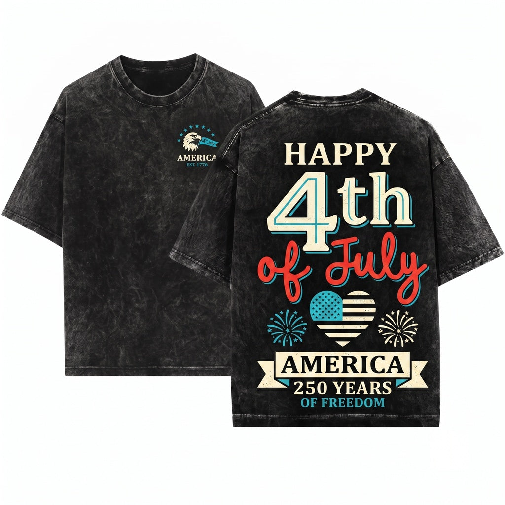 Happy Patriotic America 250 Years Fourth of July Summer Graphic Trendy Party Unisex Wash T-Shirt