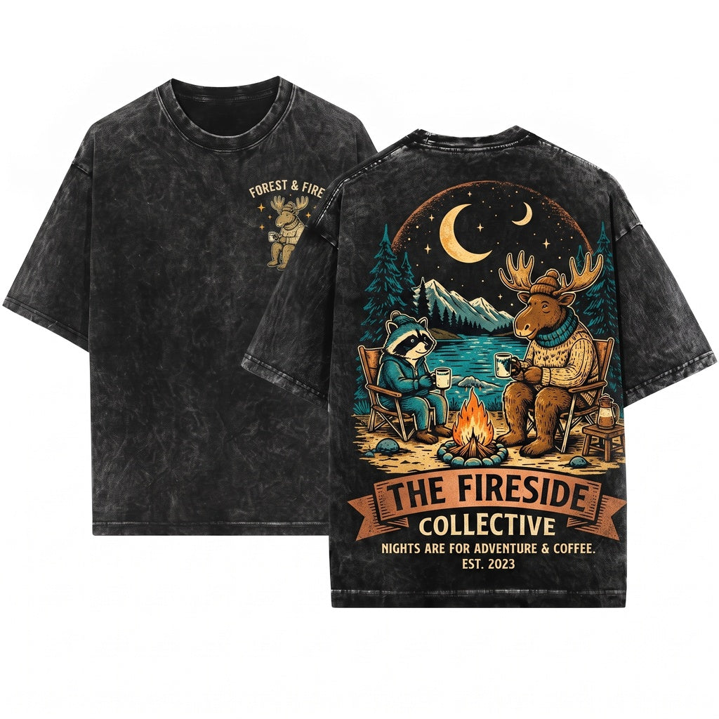 Vintage Wildlife Moose Raccoon Campfire Outdoor Cozy Nature Adventure Graphic Gift Unisex Wash T-Shirt