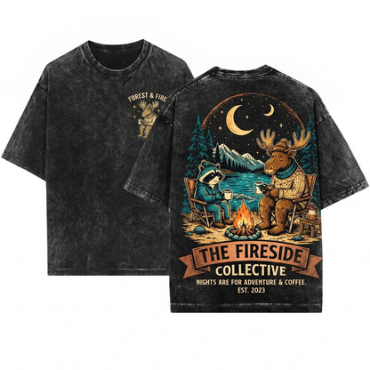 Vintage Wildlife Moose Raccoon Campfire Outdoor Cozy Nature Adventure Graphic Gift Unisex Wash T-Shirt