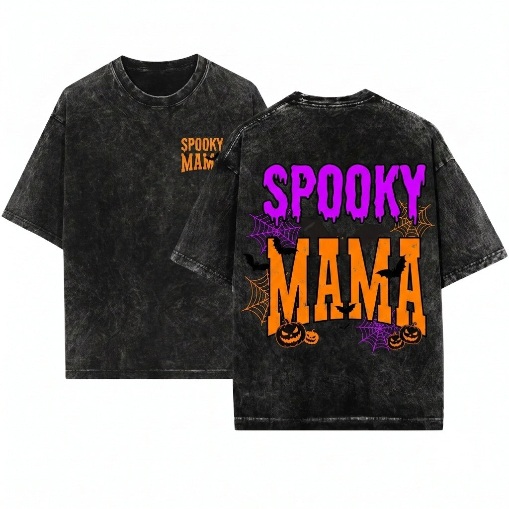 Retro Spooky Halloween Mama Bat Mom Life Unisex Wash T-Shirt