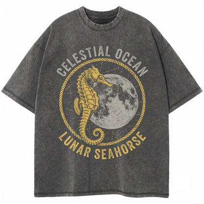 Vintage Three Seahorse Moon Graphic Funny Meme Sea Creature Retro Novelty Unisex TShirt