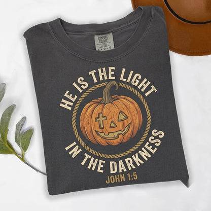 He Is The Light In Darkness Bible Verse Pumpkin Season Thanksgiving Gift Religious Autumn Graphic Apparel Unisex TShirt
