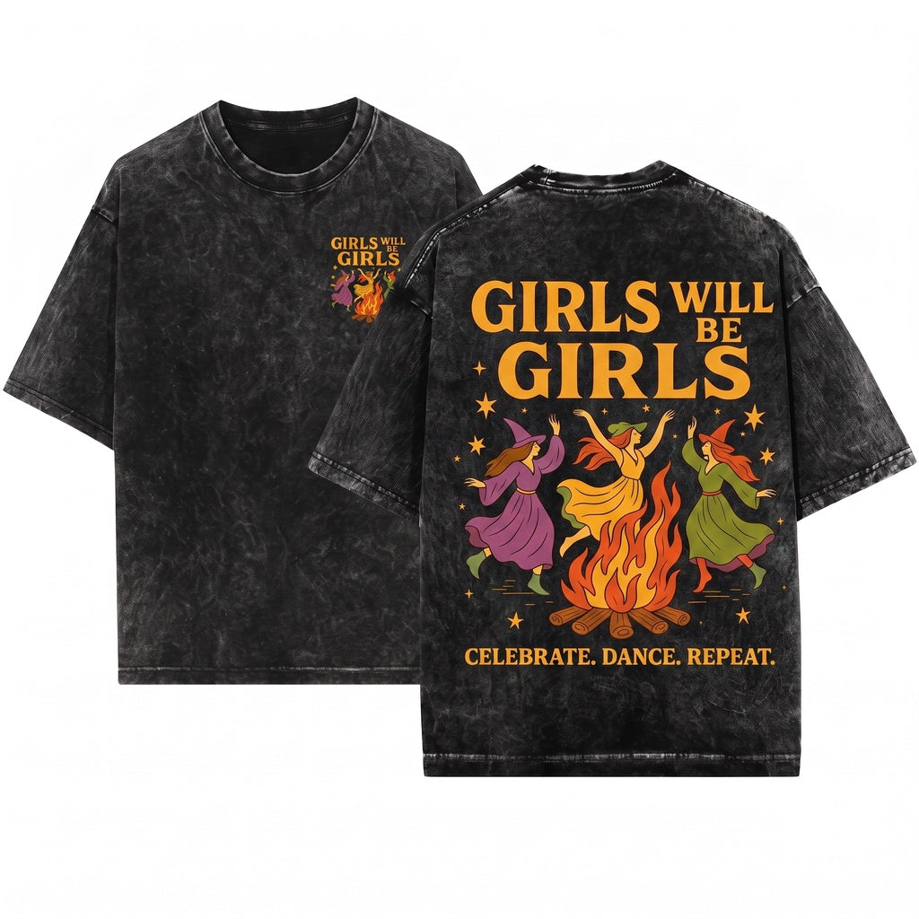Girls Will Be Retro Dancing Witch Bonfire Spooky Halloween Comfort Colors Unisex Wash T-Shirt