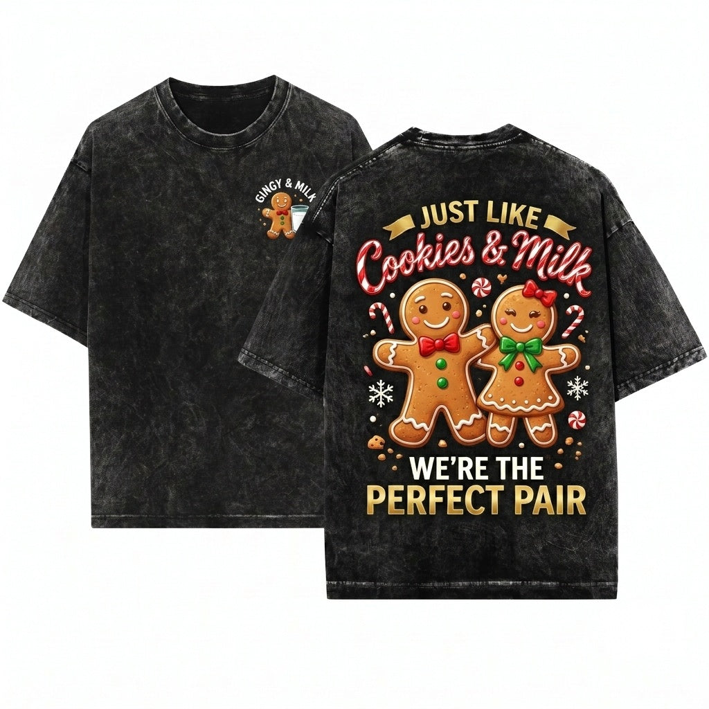Gingerbread Couple Cookies Milk Matching Christmas Cute Holiday Pajama Unisex Wash T-Shirt