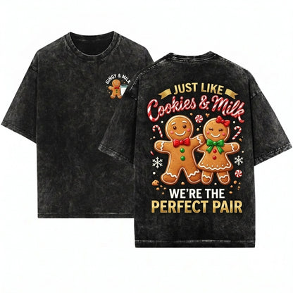 Gingerbread Couple Cookies Milk Matching Christmas Cute Holiday Pajama Unisex Wash T-Shirt