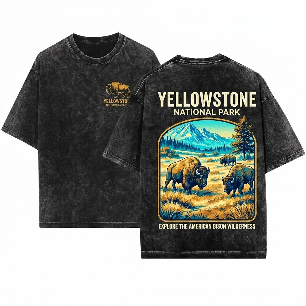 Vintage Yellowstone Bison Western Nature Graphic Wildlife National Park Rustic Outdoors Forest Buffalo Unisex Wash T-Shirt