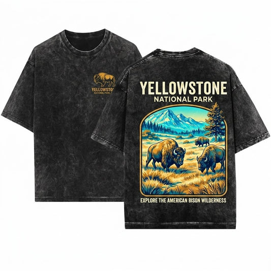 Vintage Yellowstone Bison Western Nature Graphic Wildlife National Park Rustic Outdoors Forest Buffalo Unisex Wash T-Shirt
