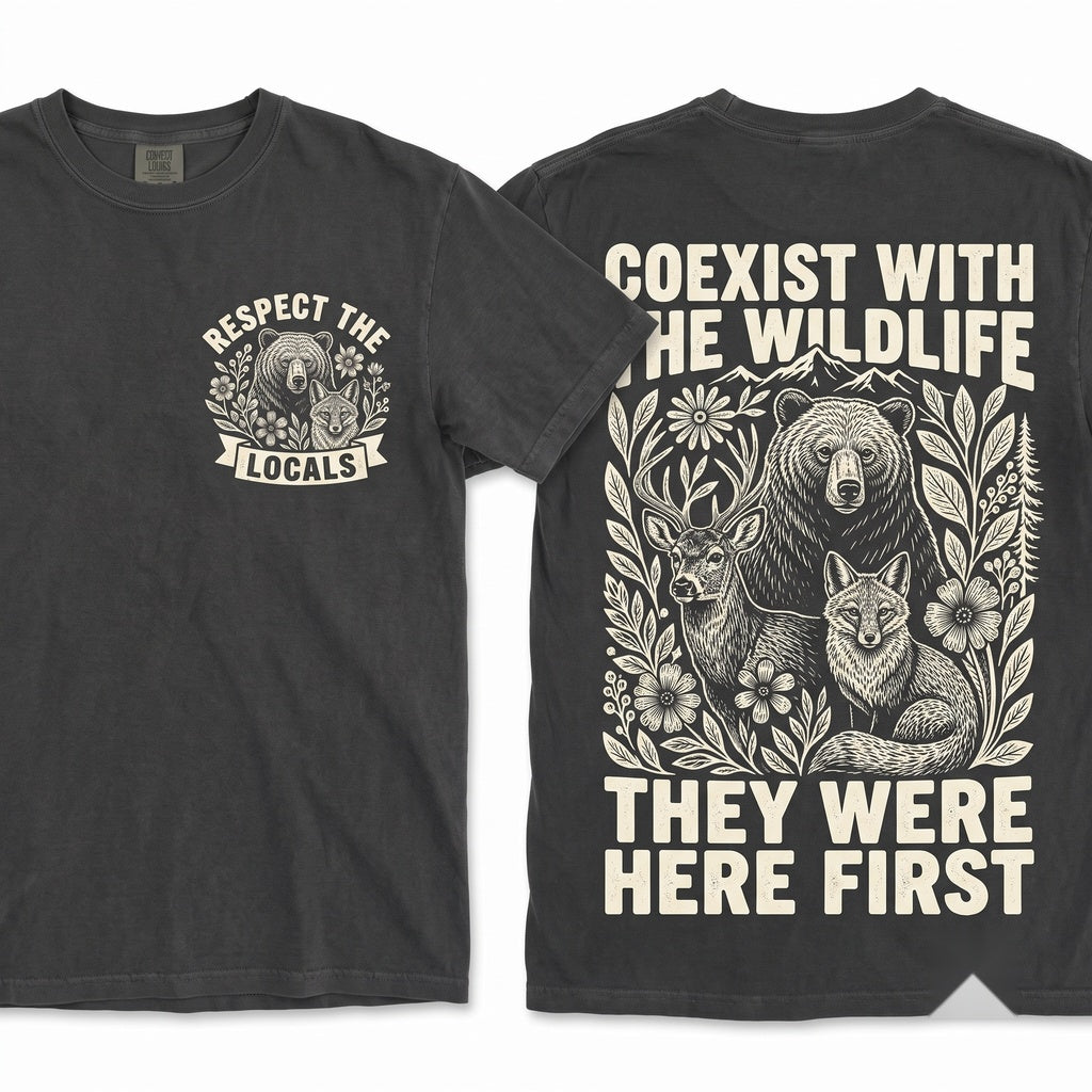 Vintage Respect The Locals Wildlife Bear Deer Fox Rustic Forest Nature Animal Gift Unisex Wash T-Shirt
