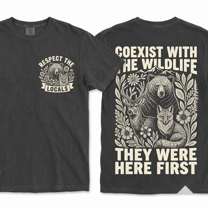Vintage Respect The Locals Wildlife Bear Deer Fox Rustic Forest Nature Animal Gift Unisex Wash T-Shirt