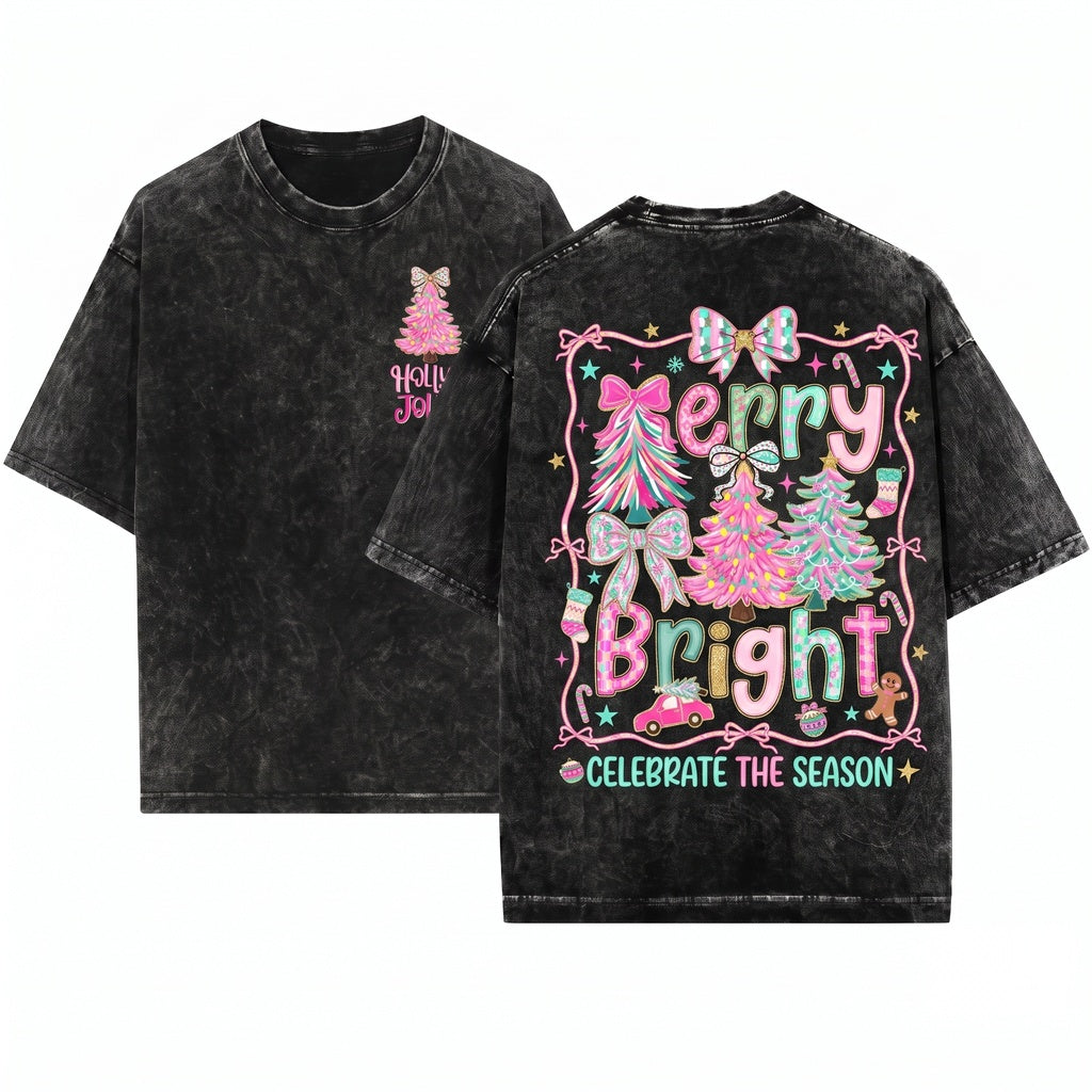 Pink Blue Preppy Christmas Tree Floral Coquette Merry Bright Doodles Holiday Graphic Unisex Wash T-Shirt