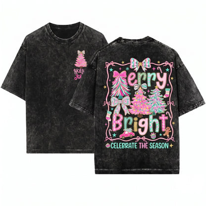 Pink Blue Preppy Christmas Tree Floral Coquette Merry Bright Doodles Holiday Graphic Unisex Wash T-Shirt
