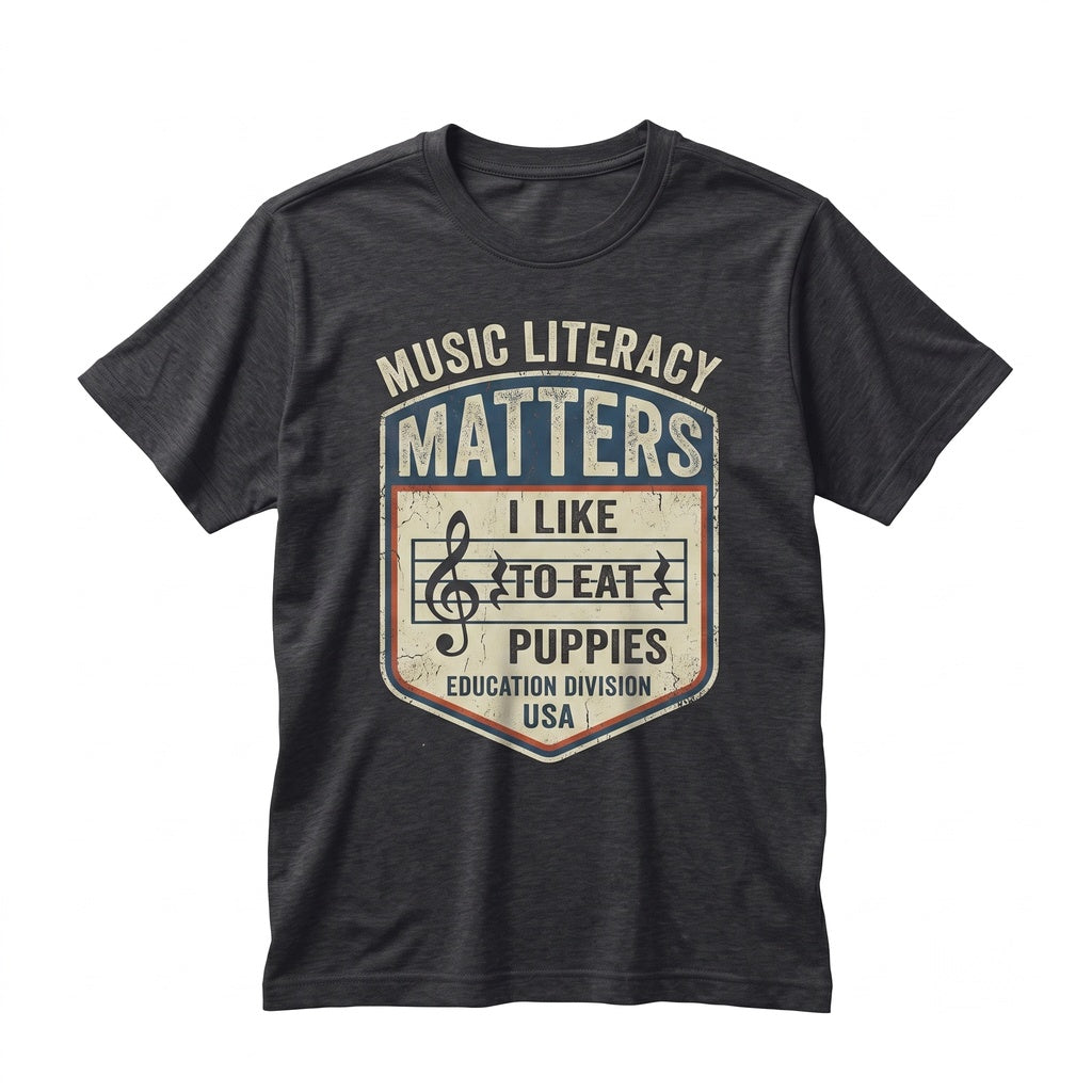 Music Literacy Matters I Like To Eat Puppies Graphic Top Gift For Musician Teacher Trendy Band Cotton Apparel Unisex TShirt