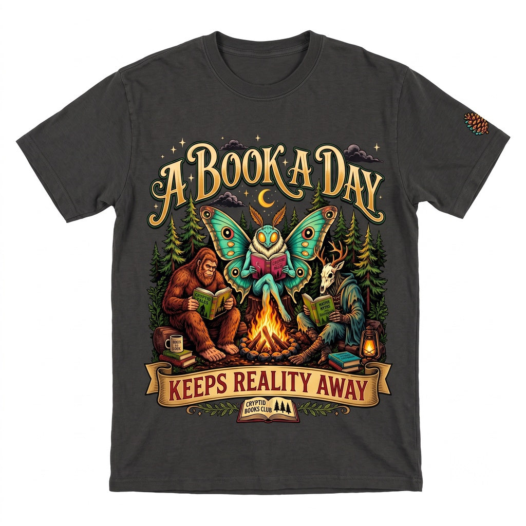 A Book Day Keeps Reality Away Cryptid Club Bigfoot Mothman Reading Gift Unisex TShirt