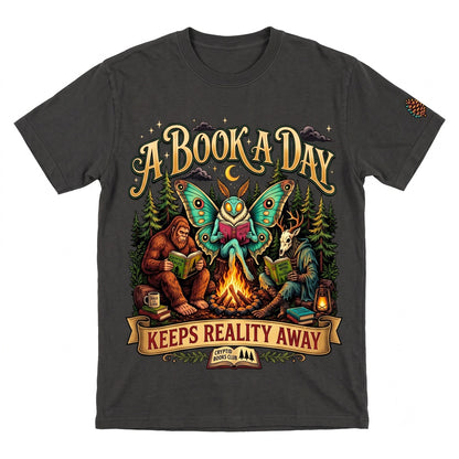 A Book Day Keeps Reality Away Cryptid Club Bigfoot Mothman Reading Gift Unisex TShirt