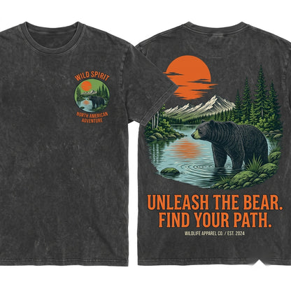 Rustic Bear Sunset Woodland Forest Mountain Lake Nature Lover Wilderness Graphic Apparel Unisex Wash T-Shirt
