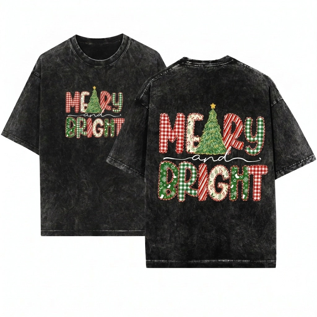 Lace Preppy Merry Bright Christmas Tree Plaid Checkered Xmas Doodles PNG Unisex Wash T-Shirt