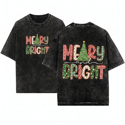 Lace Preppy Merry Bright Christmas Tree Plaid Checkered Xmas Doodles PNG Unisex Wash T-Shirt