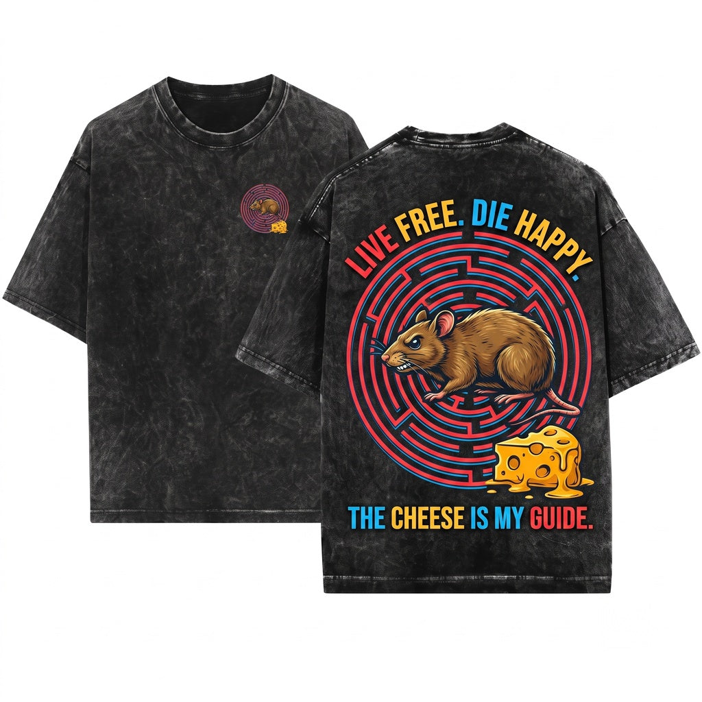 I Live By The Cheese Vintage Rat Funny Graphic Apparel Unisex Wash T-Shirt