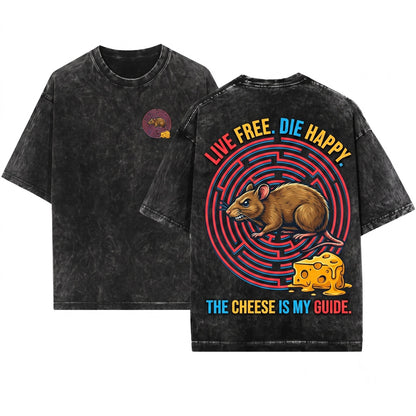 I Live By The Cheese Vintage Rat Funny Graphic Apparel Unisex Wash T-Shirt