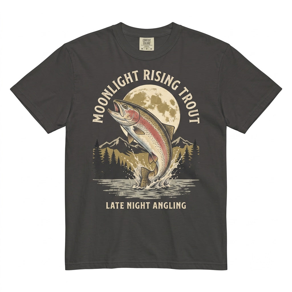 Rainbow Trout Moonlit Lake Graphic 90s Fisherman Gift Outdoor Adventure Unisex TShirt
