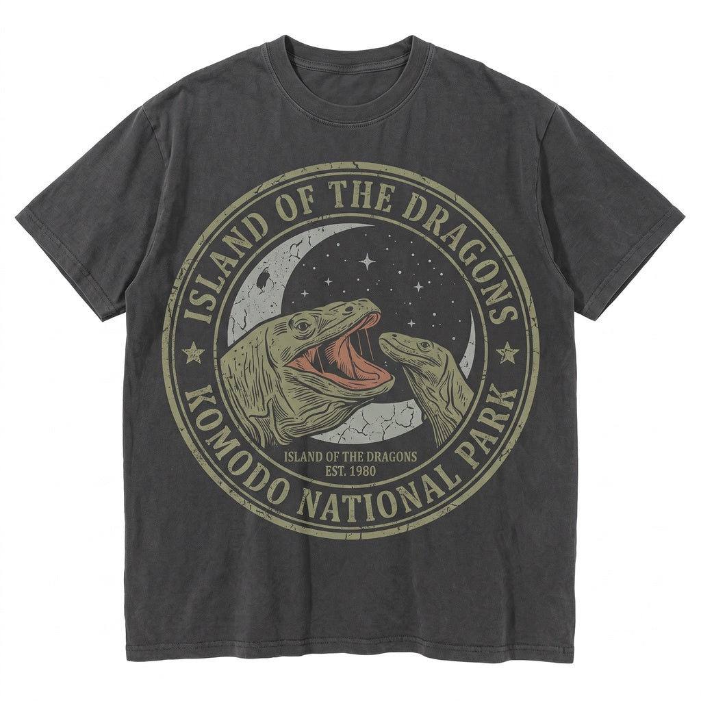 Vintage Three Komodo Dragon Graphic Lizard Nature Wildlife Reptile Oversized Retro Animal Unisex TShirt