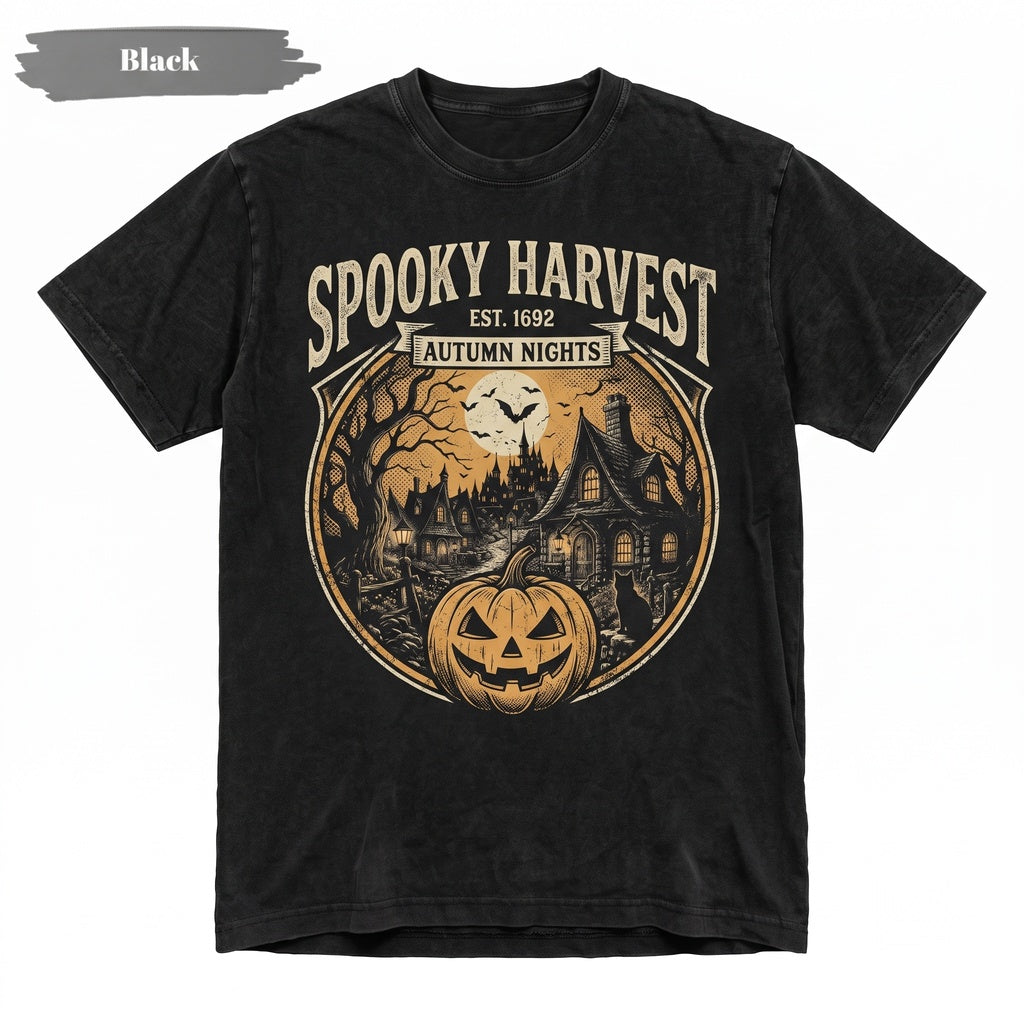 Haunted Halloween Village Spooky Cottage Pumpkin Black Cat Moon Bat Autumn Gothic Gift for Fall Lovers Unisex TShirt