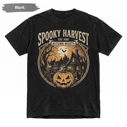 Haunted Halloween Village Spooky Cottage Pumpkin Black Cat Moon Bat Autumn Gothic Gift for Fall Lovers Unisex TShirt