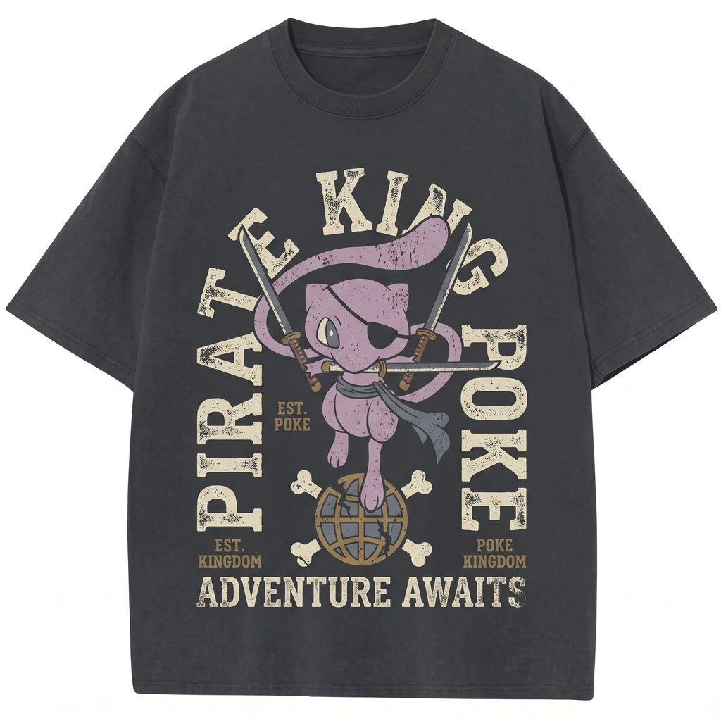 Vintage Pirate Swordsman Cat Washed Graphic Retro Japanese Manga Crossover Apparel Unisex TShirt