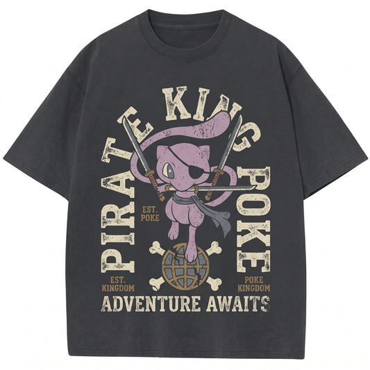 Vintage Pirate Swordsman Cat Washed Graphic Retro Japanese Manga Crossover Apparel Unisex TShirt
