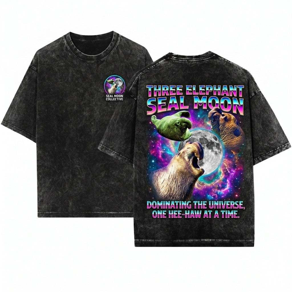 Three Elephant Seal Retro Moon Celestial Ocean Graphic Marine Life Gift Unisex Wash T-Shirt