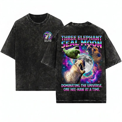 Three Elephant Seal Retro Moon Celestial Ocean Graphic Marine Life Gift Unisex Wash T-Shirt