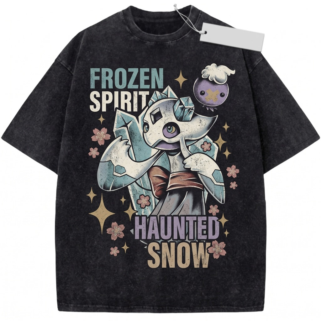 Drifloon Froslass Vintage Wash Ghost Ice Anime Graphic Cute Japanese Retro Oversized Streetwear Gamer Gift Unisex TShirt