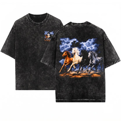 Vintage 90s Running Horses Retro Lightning Storm Western Cowboy Graphic Unisex Wash T-Shirt