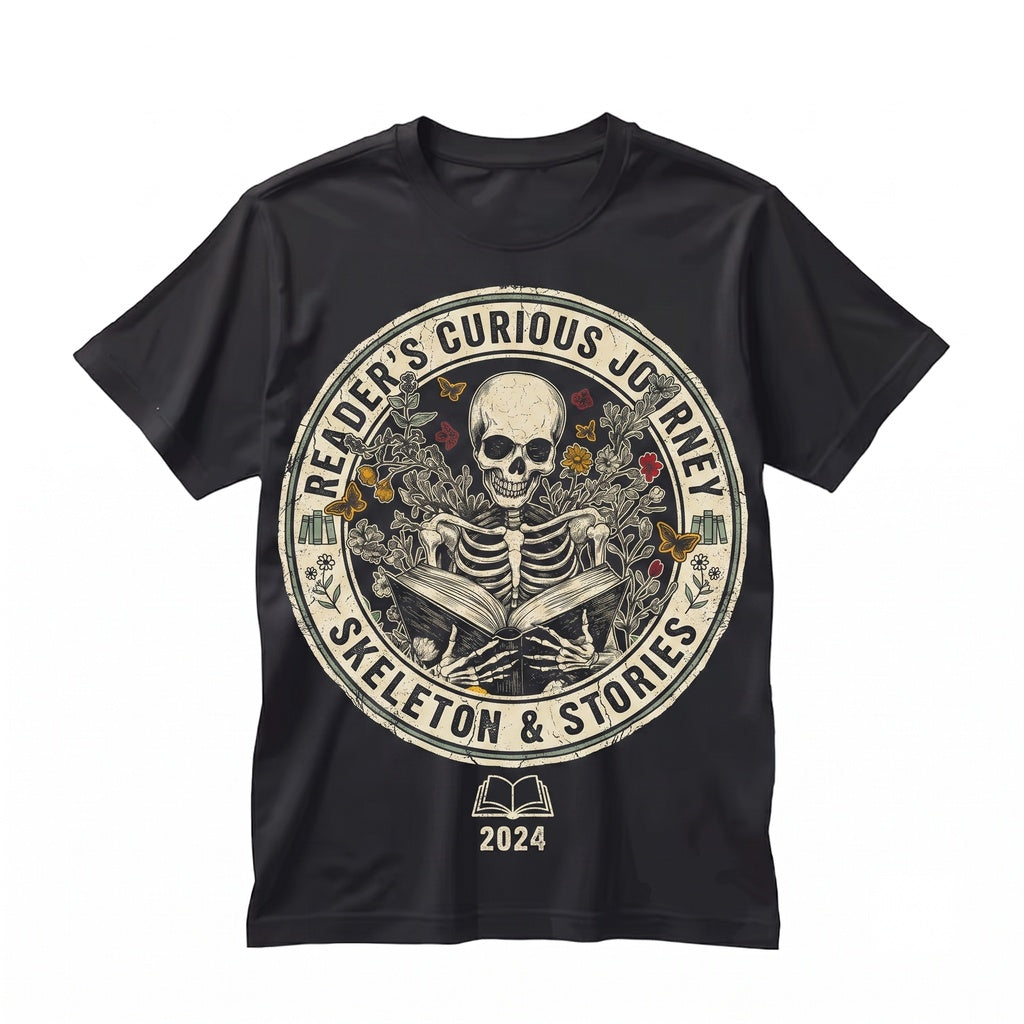 Read In Peace Skeleton Book Graphic Dark Gothic Floral Butterfly Unisex TShirt
