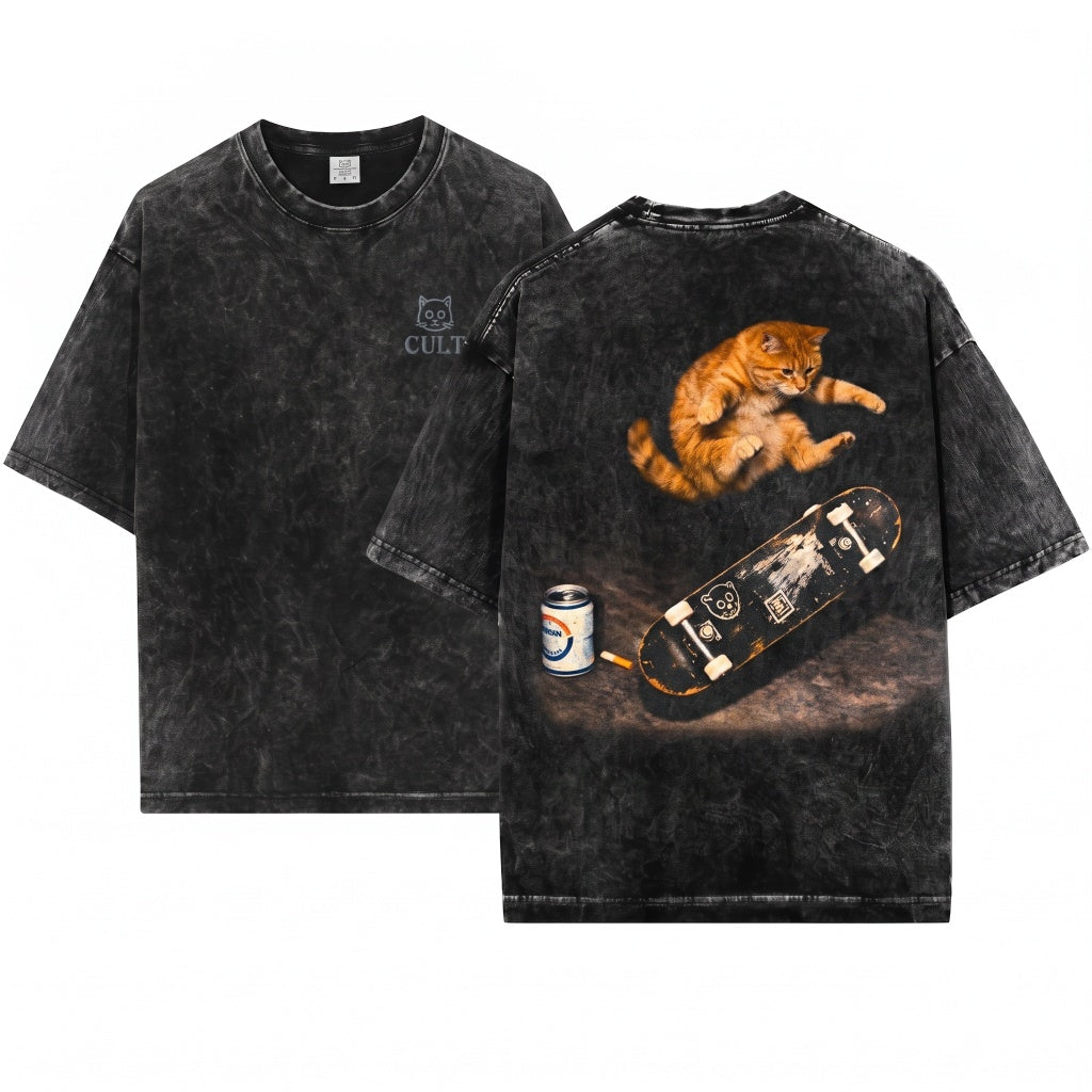 Vintage Retro Funny Skateboarding Beer Kitten Graphic Streetwear Oversized Unisex Wash T-Shirt