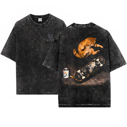 Vintage Retro Funny Skateboarding Beer Kitten Graphic Streetwear Oversized Unisex Wash T-Shirt