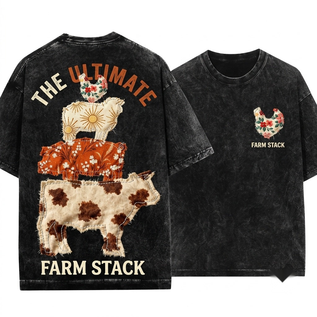 Western Country Cow Hen Pig Lamp Faux Patchwork Farm Animal Graphic Unisex Wash T-Shirt