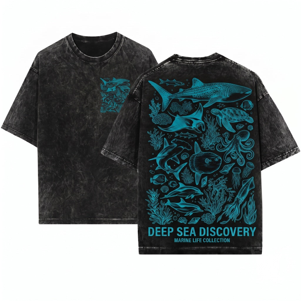 Vintage Ocean Animals Graphic Sea Life Shark Turtle Octopus Marine Biology Aesthetic Style Gift Unisex Wash T-Shirt