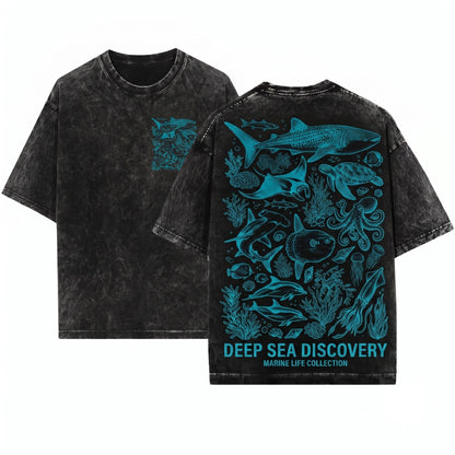 Vintage Ocean Animals Graphic Sea Life Shark Turtle Octopus Marine Biology Aesthetic Style Gift Unisex Wash T-Shirt