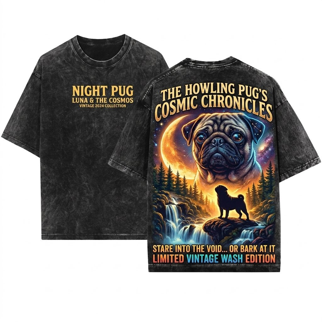 Vintage Retro Pug Howling Moon Graphic Gift Unisex Wash T-Shirt