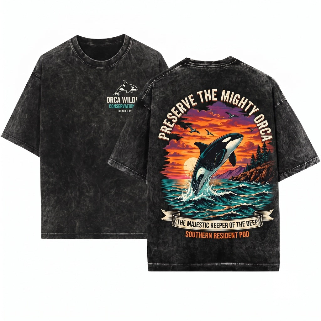 Vintage Orca Whale Ocean Sunset Graphic Pacific Coastal Marine Wildlife Sea Life Gift Unisex Wash T-Shirt