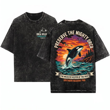 Vintage Orca Whale Ocean Sunset Graphic Pacific Coastal Marine Wildlife Sea Life Gift Unisex Wash T-Shirt