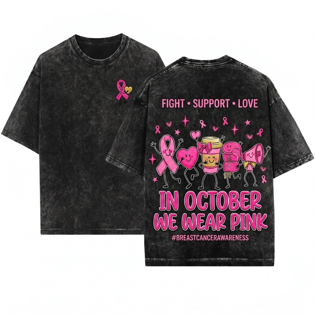 In October We Wear Pink Breast Cancer Awareness Doodles Cute Ribbon Coffee Boxing Gloves Megaphone Unisex Wash T-Shirt