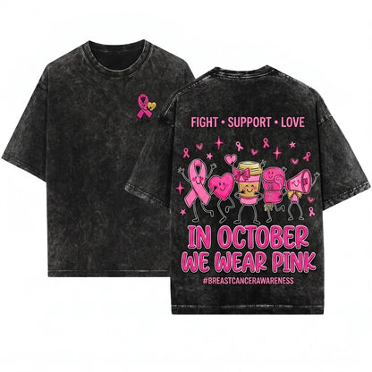 In October We Wear Pink Breast Cancer Awareness Doodles Cute Ribbon Coffee Boxing Gloves Megaphone Unisex Wash T-Shirt