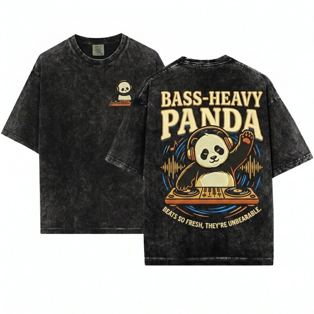 Cute DJ Panda Embroidered Animal Music Lover Heavyweight Vintage Garment Unisex Wash T-Shirt