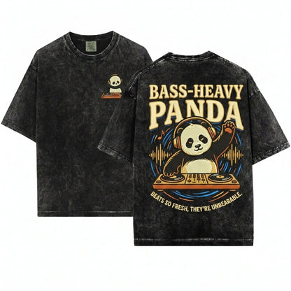 Cute DJ Panda Embroidered Animal Music Lover Heavyweight Vintage Garment Unisex Wash T-Shirt