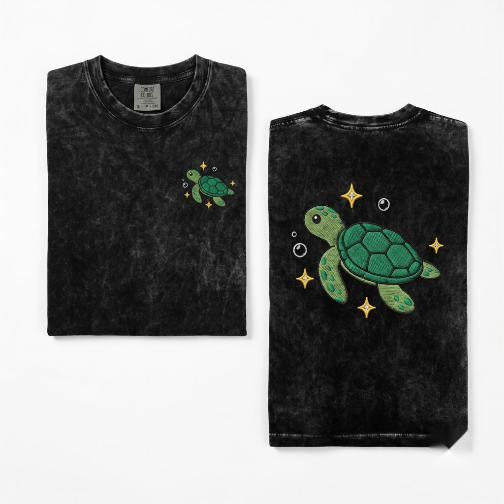Sea Turtle Embroidered Summer Ocean Coastal Beach Nature Vintage Unisex Wash T-Shirt