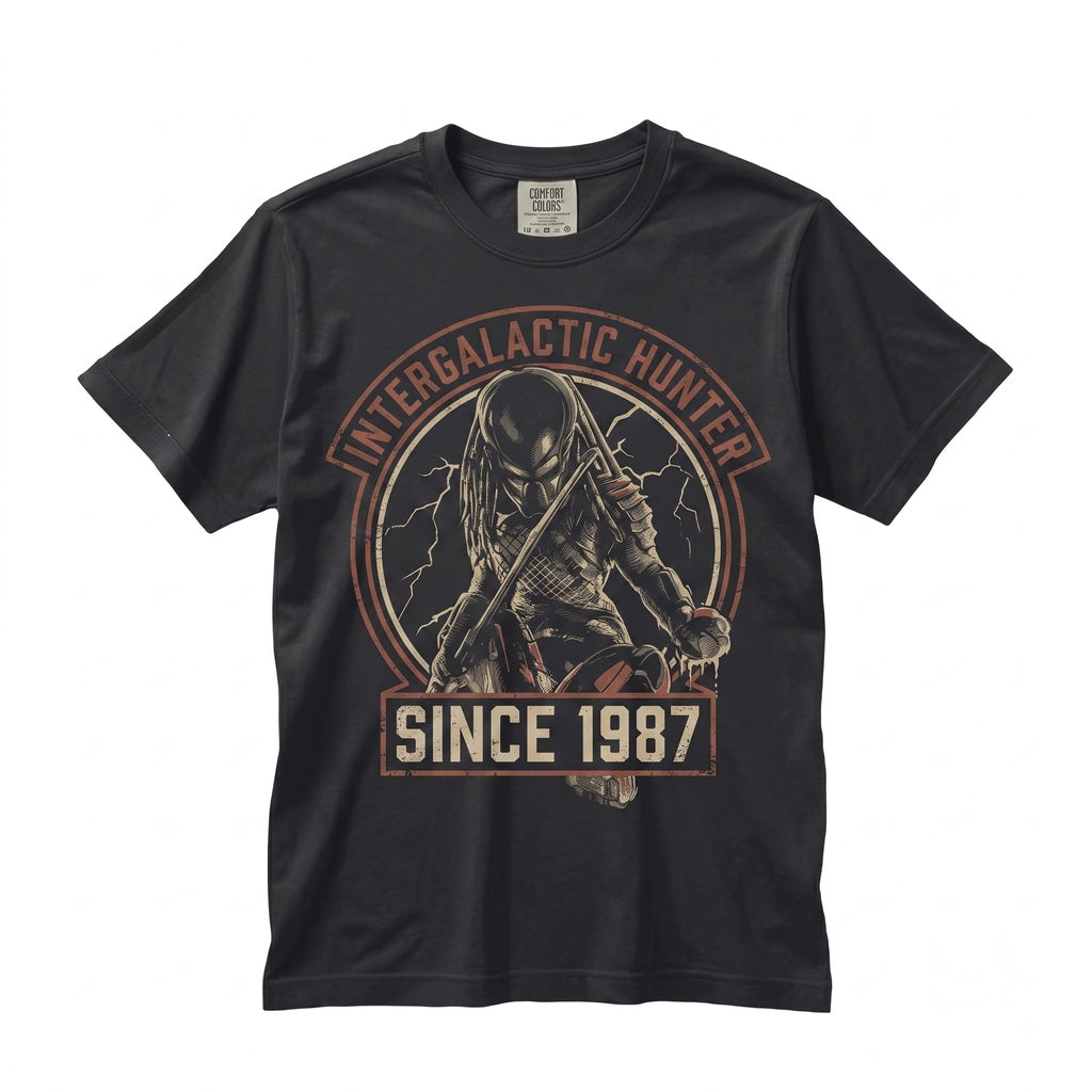 Vintage 1980s Retro Cult Classic Action Sci-Fi Alien Hunter Jungle Creature Graphic Print Unisex TShirt