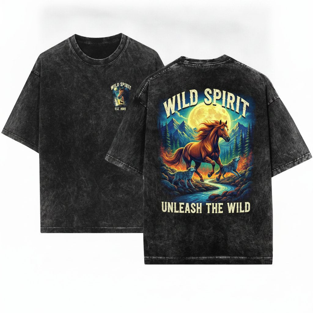 Wild Horse Full Moon Vintage Graphic Cozy Woodland Animal Rustic Nature Crewneck Unisex Wash T-Shirt